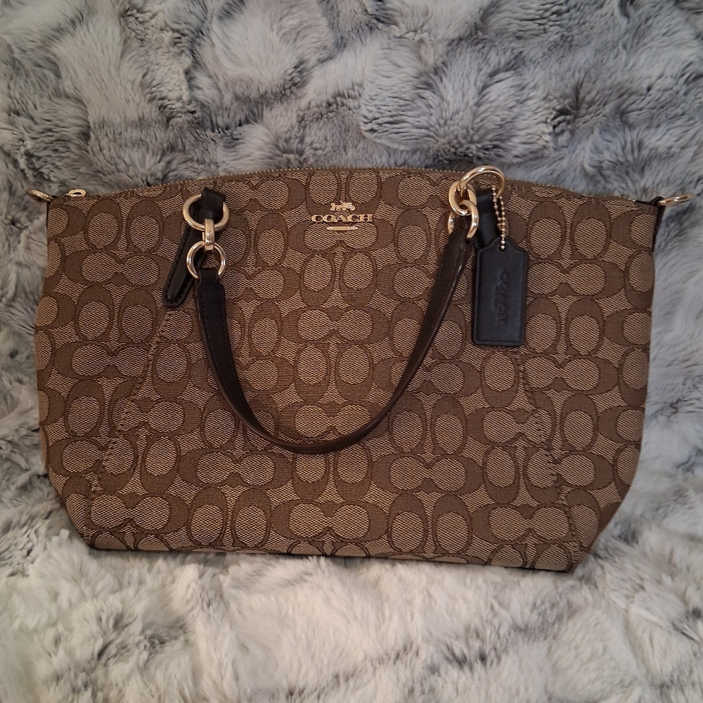 Coach Brown Monogram Tote with Gold Hardwear And Leather Trim